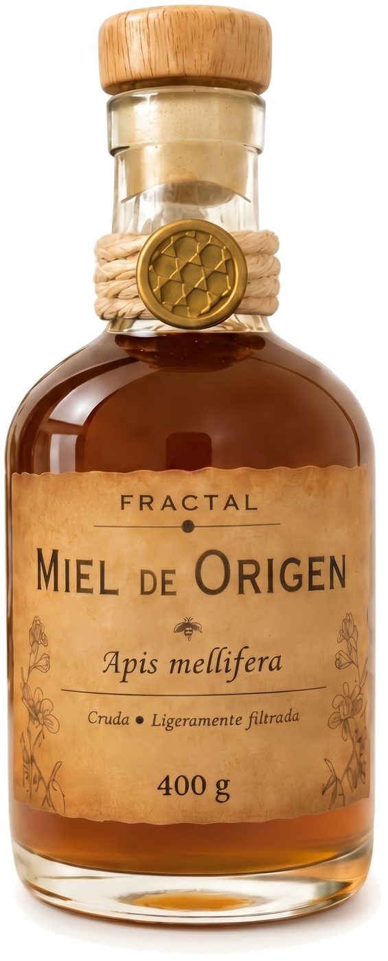 Frasco Fractal Miel de Origen: vidrio con etiqueta de papel, tapa de corcho y cordón